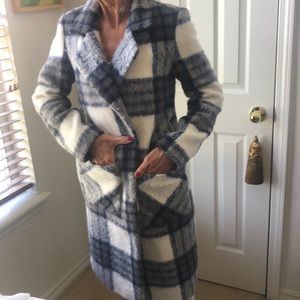Blue,grey, cream plaid coat